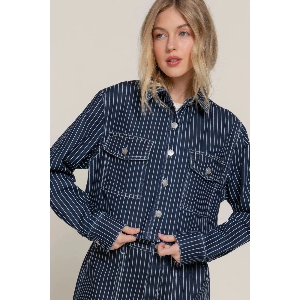 Pinstripe Cropped Denim two piece set Large Button Front Workwear